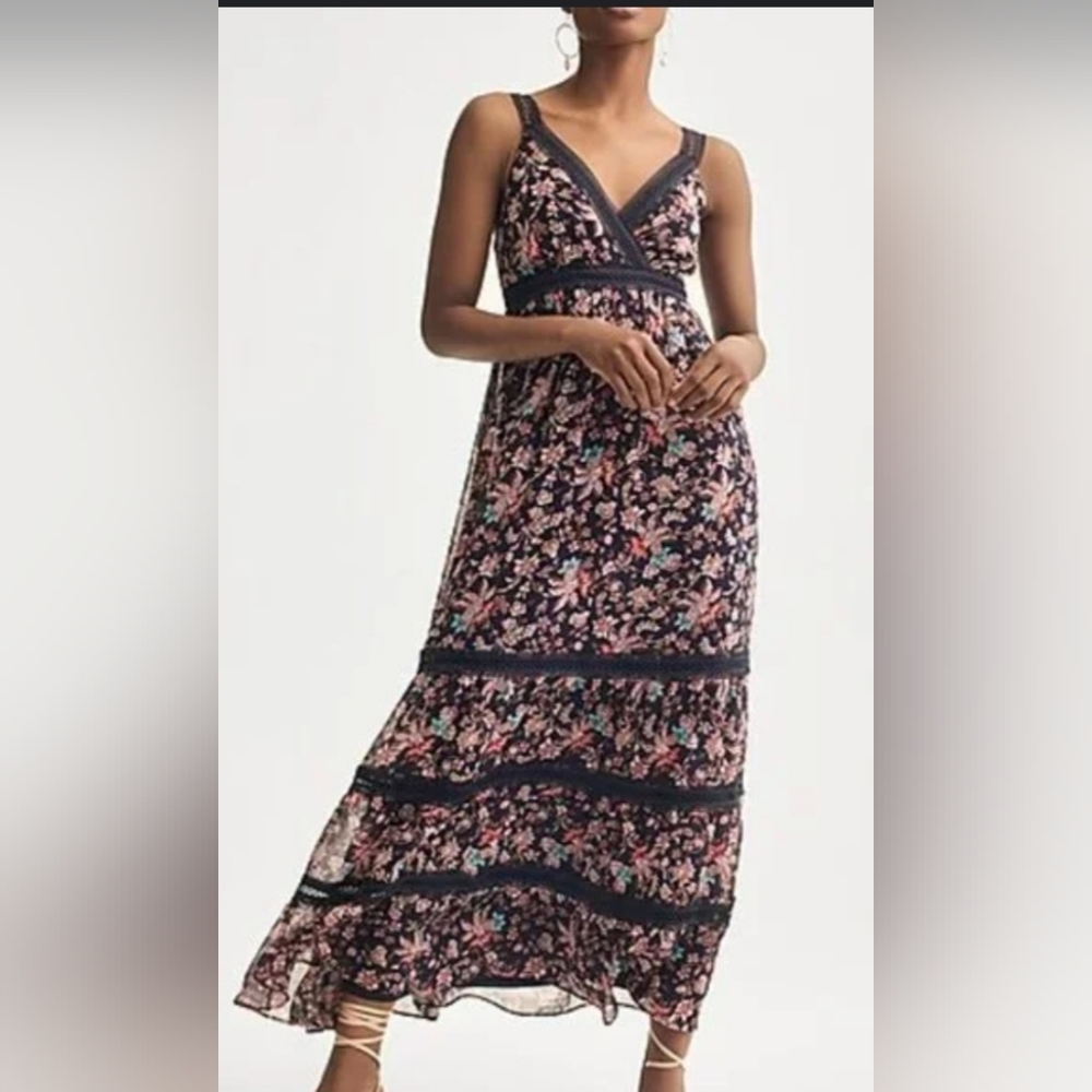 Express Lace Pieced Tiered Floral Maxi Dress